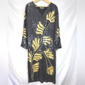Vintage Sequin Silk 80s 90s Glam Party Evening Holiday Black Gold Maxi Dress